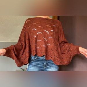 Crochet knit bat-wing rust sweater from Moon & Madison!